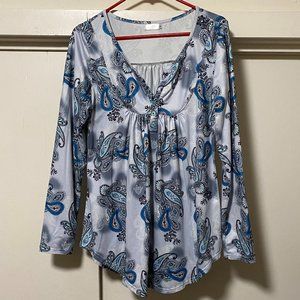 Halne long sleeve silver blue tunic w/paisley decor, size M
